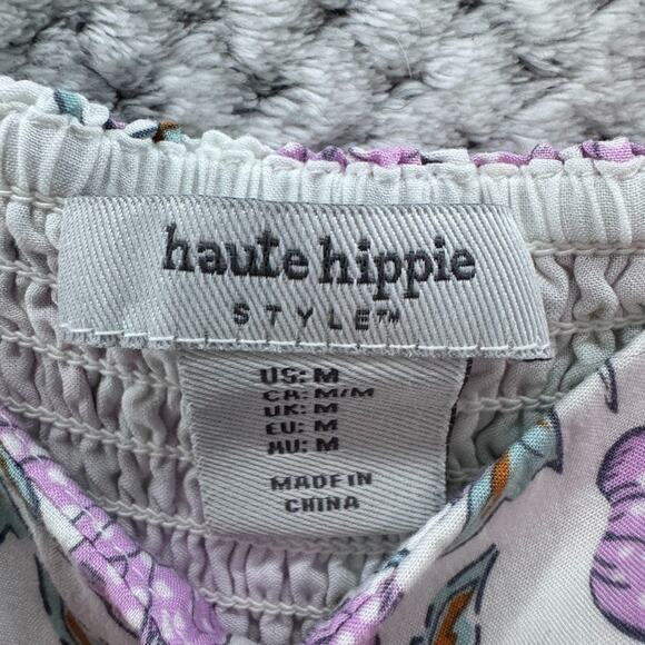 Haute Hippie Dress Womens M White Purple Floral Tiered Midi Smocked Cottage Boho - Picture 3 of 16